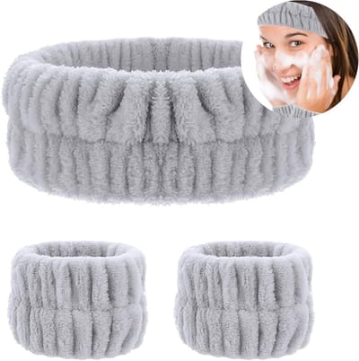 Set van 3 Absorberende Hoofdbanden en Polsbanden voor Make-up en Gezichtsreiniging, Elastische Huidverzorging Accessoires in Grijs