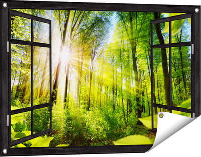 Gards Tuinposter Doorkijk Weg Omringd met Bomen in het Bos - 90x60 cm - Tuindoek - Tuindecoratie - Wanddecoratie buiten - Tuinschilderij