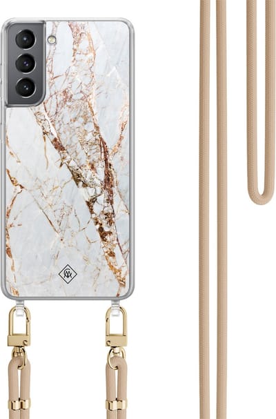 Casimoda® hoesje met koord - Geschikt voor Samsung S21 - Marmer Goud - Afneembaar koord - TPU/polycarbonaat - Goudkleurig