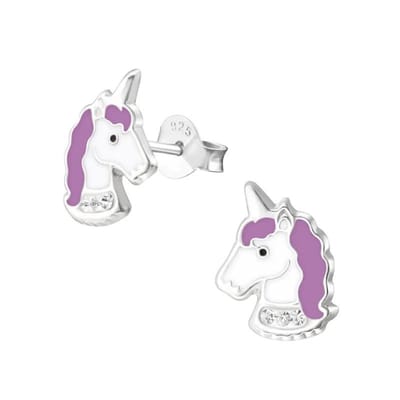 Aramat Jewels | Oorbellen | Zilveren Unicorn Oorstekers Wit Paars Emaille – 11x8mm 925 Zilver Kristal | | | |8mm | Zilver | Kinderen | Verkleurd niet