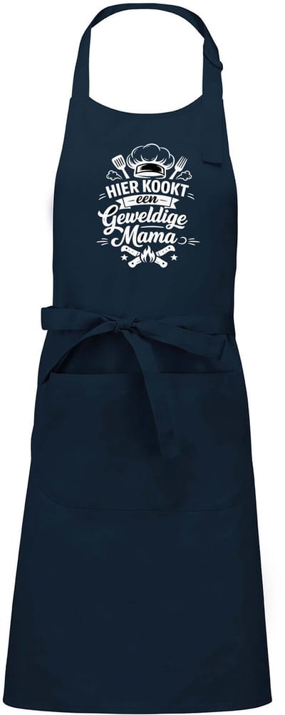 mijncadeautje - luxe schort - hier kookt een geweldige mama - blauw - opdruk wit