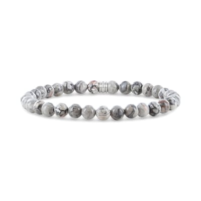 Frank 1967 7FB-0667 Kralenarmband met Map Stone Kralen 6mm - Grijs - Rekbaar - 20cm - Staal