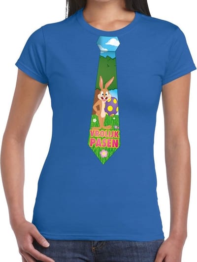 Blauw Paas t-shirt met paashaas stropdas - Pasen shirt voor dames - Pasen kleding XS