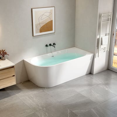 H&F Hoekbad Rechts 170x78x58 cm Wit Acryl – Inclusief Afvoerset & Click Waste | Modern Design Hoekligbad | Ruimtebesparend Luxe Badkamer Bad