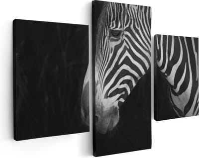 Artaza Canvas Schilderij Drieluik Zebra Kop Vanaf De Zijkant - Zwart Wit - 90x60 - Foto Op Canvas - Canvas Print