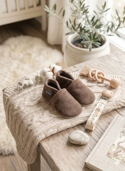 Stabifoot Babyslofjes – Zacht Leer – Cadeaudoos - Linnen zakje - Barefoot - TAUPE 3 - 6