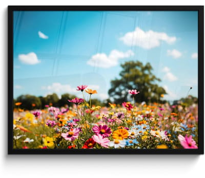 Poster in lijst - Fotolijst 70x50 cm - Posters - Bloemenweide - Blauw - Lucht - Kleuren - Posterlijst zwart - Decoratie - Wanddecoratie woonkamer - Muurdecoratie slaapkamer