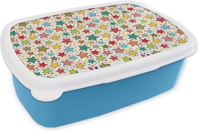 Broodtrommel Blauw - Lunchbox - Brooddoos - Patronen - Sterren - Kleuren - Jongens - Kinderen - Kids - 18x12x6 cm - Kinderen - Jongen