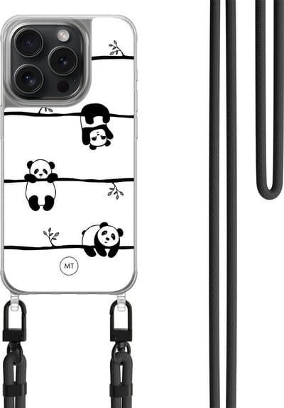 Hoesje met koord geschikt voor iPhone 13 Pro - Panda - Inclusief zwart koord - Crossbody beschermhoes - Transparant, Zwart, Wit - Mooie Telefoonhoesjes