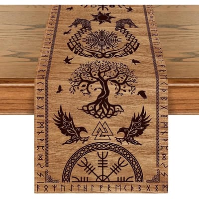 Vintage Viking Raaf Helm van Ontzag Linnen Tafelkleed Feestdecoratie Herbruikbaar Keuken Eettafelkleed Viking Decoratie 150x33cm black