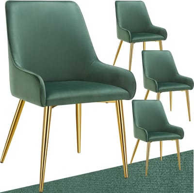 tectake® Eetkamerstoel Avane - Fluweeloptiek - Ergonomische gestoffeerde stoel met gouden stalen poten - Draagkracht 120 kg - Moderne eetkamer- en keukenstoel - Set van 4 - Groen