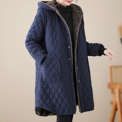 Vestes d'hiver décontractées à rayures, manteaux épais matelassés à capuche, vêtements pour femmes, parka longue de grande taille, manteaux d'hiver en coton XXXL bleu marine