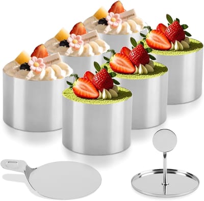 6-Pack Naadloze Ronde Dessertringen - Taartringvormen - Moussering Van Roestvrij Staal - Burgerringenset Met Duwer En Tilmechanisme