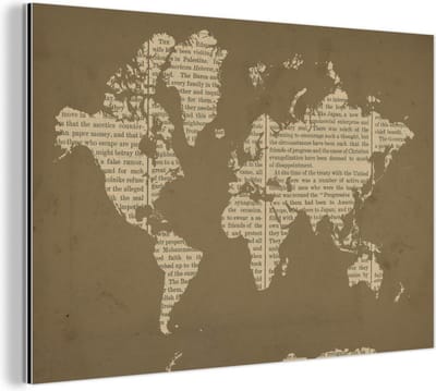 Wanddecoratie Metaal - Aluminium Schilderij Industrieel - Wereldkaart - Boek - Bruin - 120x80 cm - Dibond - Foto op aluminium - Industriële muurdecoratie - Voor de woonkamer/slaapkamer