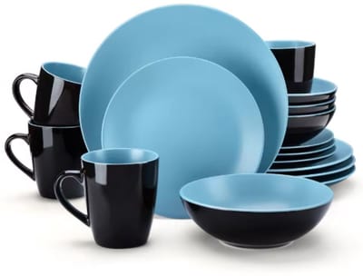 Azzuro Serviesset Contrasto - 16 delig - 4 persoons - Blauw/Zwart - Dinerborden - Bordenset - Diepe borden - Ontbijtborden - Servies - Keukenservies