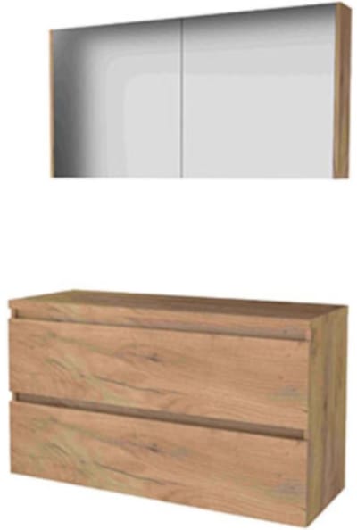 Basic-Line Comfort 46 Badkamermeubelset - 120 x 46 cm - Greeploos - 2 Lades - Wastafelblad - Spiegelkast - Whisky Oak