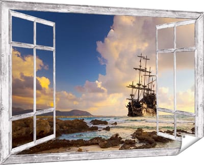 Gards Tuinposter Doorkijk Piratenschip aan de Kust bij Zonsondergang - 180x120 cm - Tuindoek - Tuindecoratie - Wanddecoratie buiten - Tuinschilderij