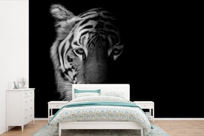 Behang - Fotobehang Tijger - Dieren - Wild - Zwart - Wit - Breedte 390 cm x hoogte 260 cm