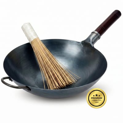 KAAMUT® Professionele Wokpan Ø36 cm Handgehamerd Blauw Koolstofstaal – Ronde Bodem – Voorgekruid – Houten Handvat & Stalen Hulphandvat – Inclusief Bamboe Wokborstel – Horecakwaliteit