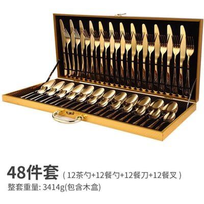Luxe léger couteau en acier inoxydable fourchette et cuillère 48 pièces cadeau coffret en bois doré hôtel vaisselle de style occidental