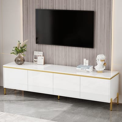 MODENUIT Tv-meubel - 4 Deuren Met Kabeldoorvoer - Voor Woonkamer - Hoogglans Spaanplaat Wit Met Gouden Details - 170x38x50 Cm