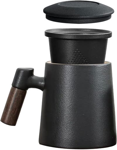 Grote Theemok met Deksel en Theefilter, 400ml Matte Keramische Theekop met Houten Handvat voor Thuis en Kantoor, Perfect voor Thee, Koffie en Ijsthee