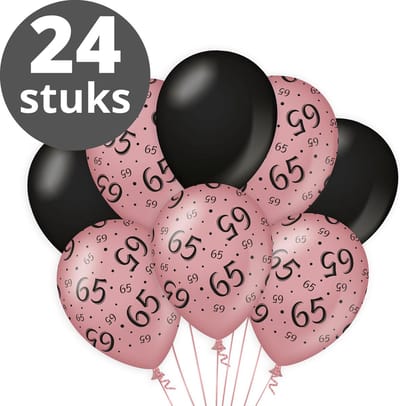 Verjaardag Versiering Pakket 65 jaar (24 stuks) Zwart en Roze - Ballonnen Roze & Zwart - Ballonnen Rose Goud / Black 65 jarige - Verjaardag 65 Birthday Meisje / Vrouw / Dames - Ballonnen verjaardag - Birthday Party Decoratie (65 Jaar)