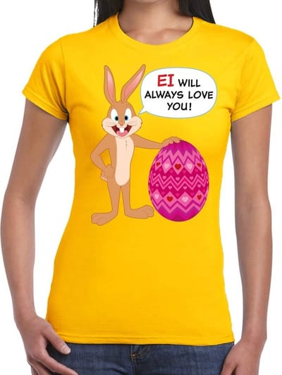 Geel Paas t-shirt Ei will always love you - Pasen shirt voor dames - Pasen kleding S