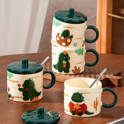 Huispak Student Eenvoudige Ins Stijl Keramische Beker Cartoon met Deksel Lepel Koppel Mok Hittebestendige Waterbeker 450ML black