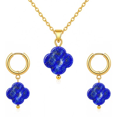 Bixorp Lapis Lazuli Klavertje Vier Ketting + Oorbellen set - Stainless Steel Goudkleurig - Geluksklaver Bundel - Chakra Oorhangers + Schakelketting
