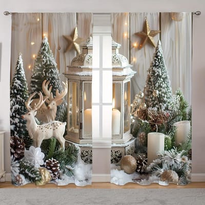 2 stuks Elegante Witte en Gouden Kerstgordijnen met Sneeuwmannen & Bomen - Tunnelontwerp Polyester voor Woonkamerdecoratie 100W130H(CM)40x51in&Grommet Top white