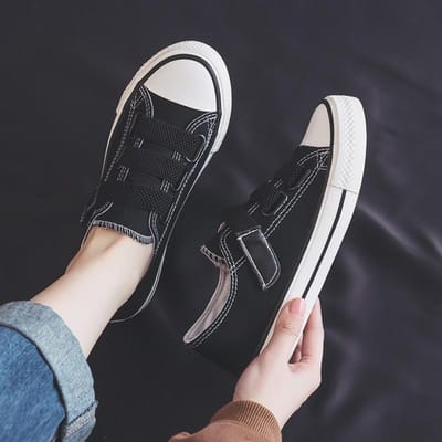 Laag uitgesneden canvas schoenen dames klittenband lente nieuw gesp kleine witte schoenen student stoffen schoenen dames luie schoenen 38
