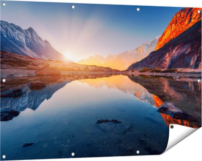 Gards Tuinposter Bergen Landschap met Zonsopgang - 120x80 cm - Tuindoek - Tuindecoratie - Wanddecoratie buiten - Tuinschilderij