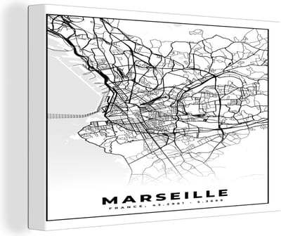 Canvas Schilderij Marseille - Kaart - Stadskaart - Frankrijk - Plattegrond - Zwart wit - 30x20 cm - Wanddecoratie