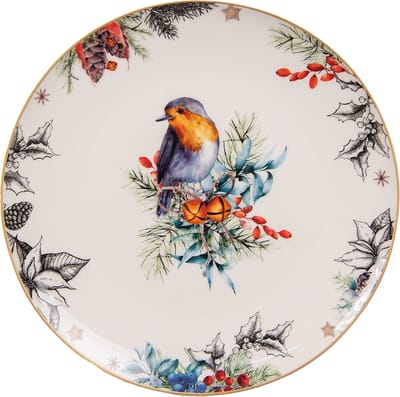 Clayre & Eef Ontbijtbord Ø 20 cm Wit Porselein Vogel