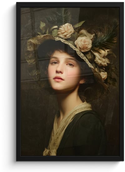Poster in lijst - Fotolijst 40x60 cm - Posters - Bloemenhoed - Portret - Vrouw - Posterlijst zwart - Decoratie - Wanddecoratie woonkamer - Muurdecoratie slaapkamer