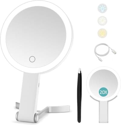 Reisspiegel met verlichting, dubbelzijdig 20x/1x vergrotende make-up spiegel, oplaadbaar, verstelbare helderheid en 3 kleuren verlichting, opvouwbaar, handheld, ophangbaar, tafelblad
