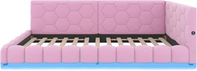 Dagbed, 90*200 cm, slaapbank, met lattenbodem (matras niet inbegrepen), sfeerverlichting in 16 kleuren, USB-poort, Type-C-poort, comfortabel materiaal, imitatievliesstof, roze.