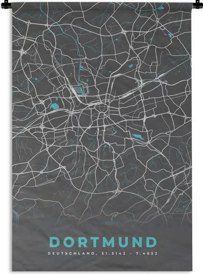 Wandkleed - Wanddoek - Blauw – Duitsland – Plattegrond – Stadskaart – Kaart – Dortmund - 120x180 cm - Wandtapijt