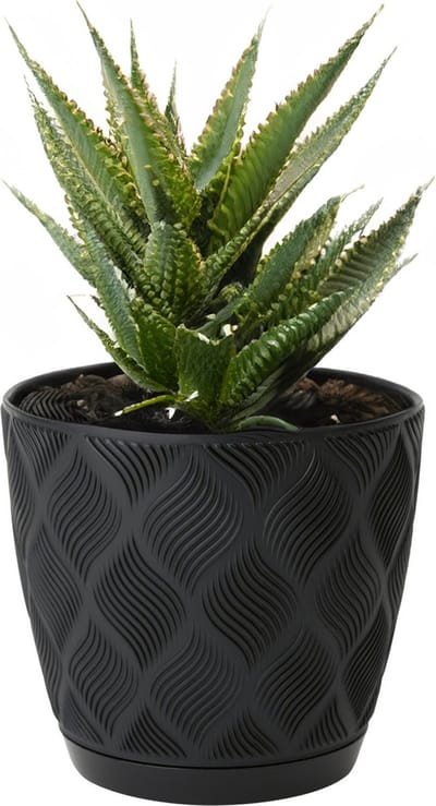 Form Plastic Plantenpot/bloempot New Age - kunststof - zwart - D23 x H21 cm - met opvang schotel - rond