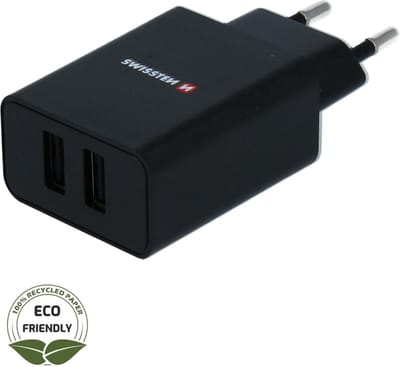 Swissten USB Oplader met 2 USB Poorten 2.1A - Zwart - Duurzame verpakking