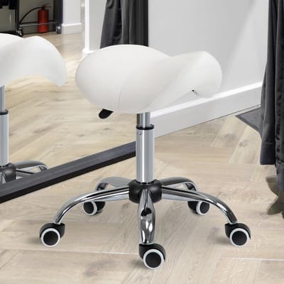 STILVORA Zadelkruk 49 Tot 61 Cm - In Hoogte Verstelbaar En Draaibaar - Met 5 Zwenkwielen - Voor Kantoor En Salon - Kunstleer Wit