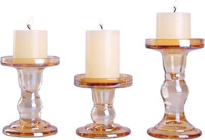 Set van 3 Amber Gekleurde Glazen Kandelaarhouders voor Pijler of Dunne Kaarsen