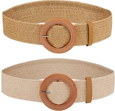 VHV - Damesriem - elastische gevlochten riem 2 stuks - strolook met houten gesp - voor jurk, strand en dagelijks gebruik