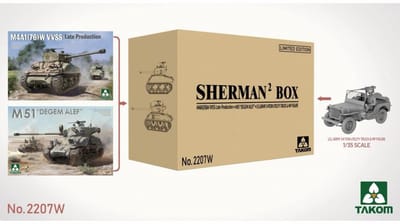 Takom Modelbouwpakket Militaire voertuigen - 2207W Sherman² BIG BOX - M51 Degem Alef - M4A1(76)W VVSS - US Army 1/4 Ton Utility Truck Plastic - 1:35 - Modelbouw