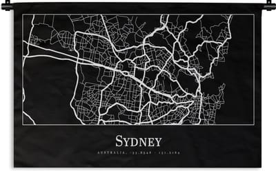 Wandkleed - Wanddoek - Kaart - Sydney - Stadskaart - Plattegrond - 180x120 cm - Wandtapijt
