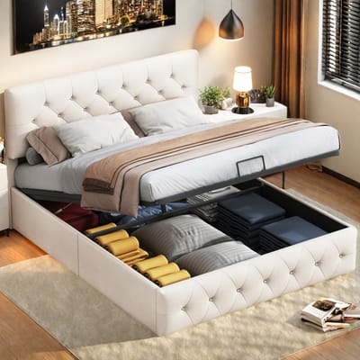 Beige Fluwelen Tweepersoonsbed 140x200 cm met Hydraulische Opbergruimte & Verstelbaar Hoofdeinde – Luxe Gasliftbed voor Slaapkamer