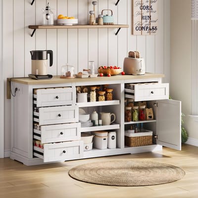 MODENUIT Keukeneiland - 5 Lades, 2 Uittrekbladen En Klapblad - Voor Keuken En Eetkamer - MDF - 150x65x75,5 Cm