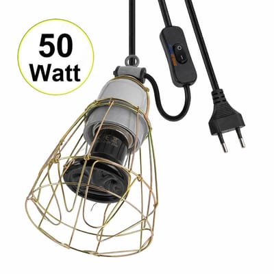 UniEgg® Keramische Lampenhouder met 100cm snoer en aan/uit schakelaar inclusief Beschermkap en 50 watt keramische warmtelamp | Geschikt voor Keramische en infrarood Warmtelampen (E27) Kuikens, Reptielen, en Amfibieën -