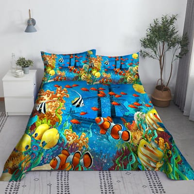 2/3 STUKS Marine Organisme Hoeslaken Set 3D Print Onderwaterwereld Polyester Bed Laken Met Kussensloop 1/1.2/1.35/1.5/1.8/2m 110X230cm(2Pcs)